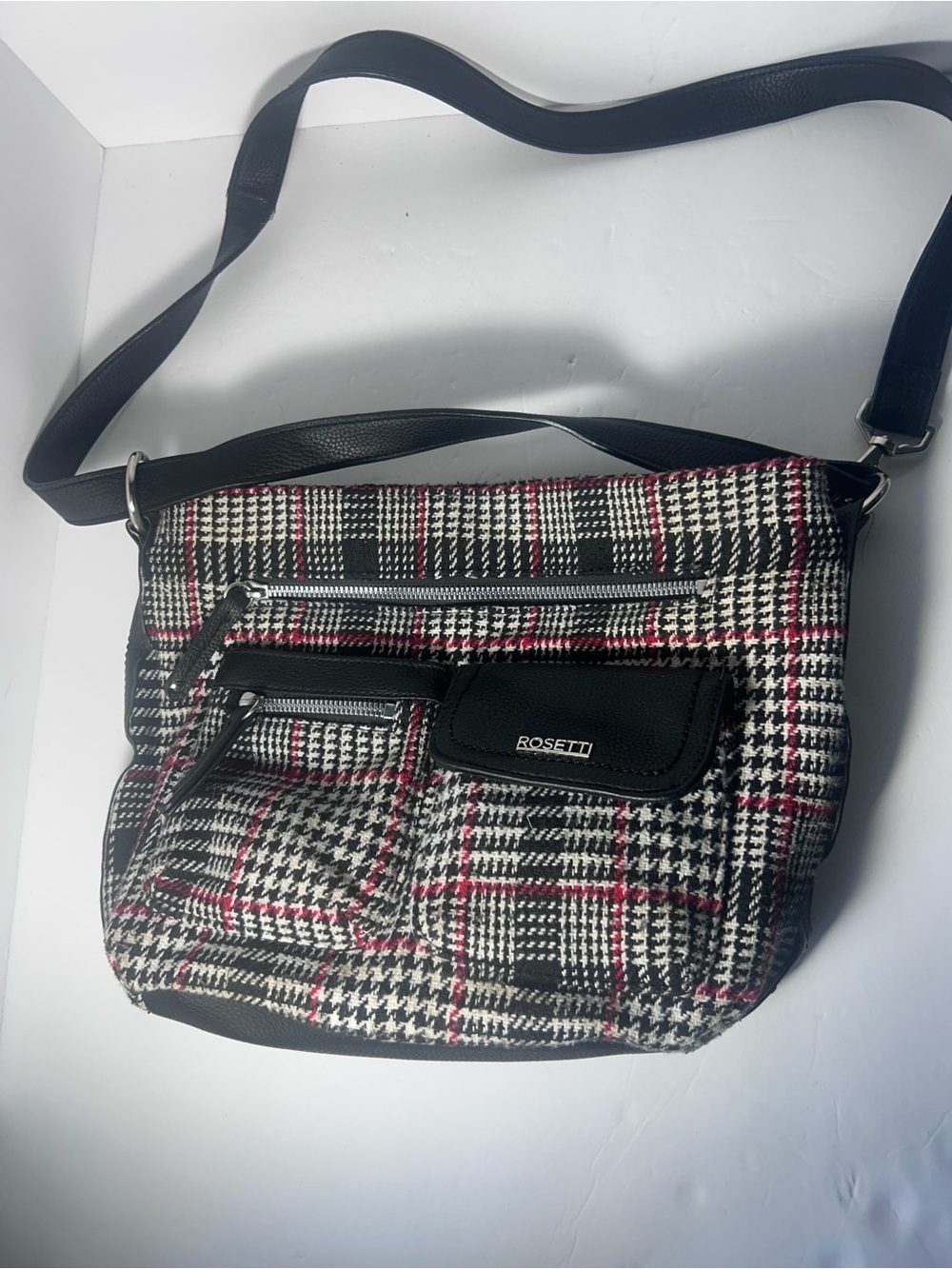 Rosetti Black, White & Pink Houndstooth Crossbody Shoulder Bag